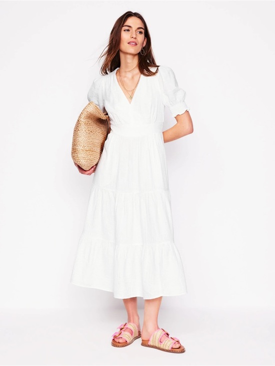 Boden Dresses & Skirts - Boden Anna Double Cloth White V-Neck Tiered Midi Dress
